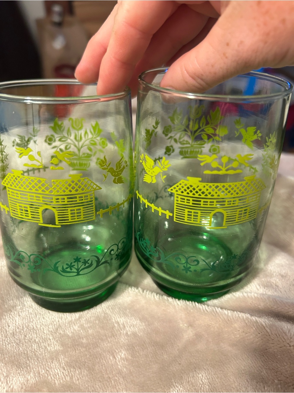 Dominion glass Green Glass Tumblers with Yellow Cottage Motif - Set of 2